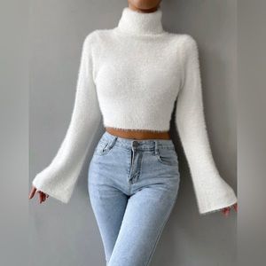 White bell sleeve turtleneck sweater